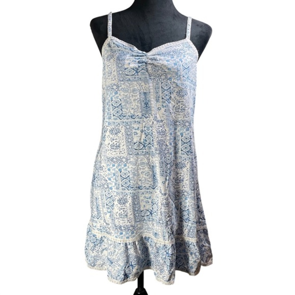 Madison Studio Intimates Women's Blue White Tile Print Slip‎ Dress M romantic